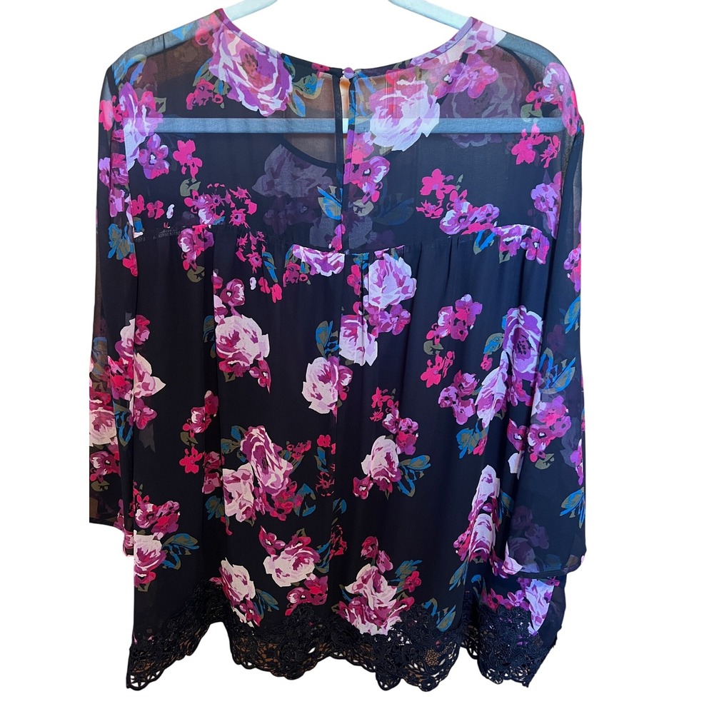 Lane Bryant Floral Sheer Blouse Black Pink Purple Lace Trim Plus Size‎ Top 18 - Picture 2 of 7